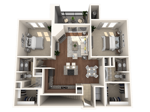A 3D floor plan of a house showing a kitchen, living room, dining room, and two bedrooms.